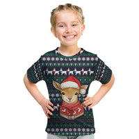 Cute Reindeer in Santa Hat Kid T Shirt with Red Green Snowflake Knit Pattern Design - Wonder Print Shop