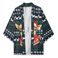 Cute Reindeer in Santa Hat Kimono with Red Green Snowflake Knit Pattern Design - Wonder Print Shop