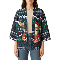Cute Reindeer in Santa Hat Kimono with Red Green Snowflake Knit Pattern Design - Wonder Print Shop