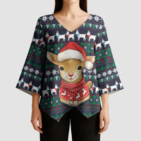 Cute Reindeer in Santa Hat Kimono Sleeve Blouse with Red Green Snowflake Knit Pattern Design - Wonder Print Shop