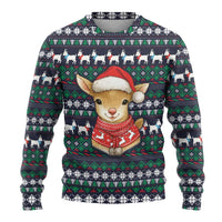 Cute Reindeer in Santa Hat Ugly Christmas Sweater with Red Green Snowflake Knit Pattern Design - Wonder Print Shop