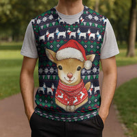 Cute Reindeer in Santa Hat Christmas Knitted V-Neck Vest with Red Green Snowflake Knit Pattern Design - Wonder Print Shop