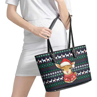 Cute Reindeer in Santa Hat Leather Tote Bag with Red Green Snowflake Knit Pattern Design - Wonder Print Shop