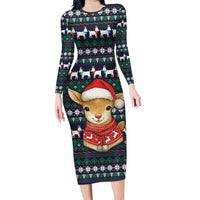 Cute Reindeer in Santa Hat Long Sleeve Bodycon Dress with Red Green Snowflake Knit Pattern Design - Wonder Print Shop