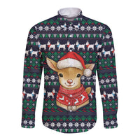 Cute Reindeer in Santa Hat Long Sleeve Button Shirt with Red Green Snowflake Knit Pattern Design - Wonder Print Shop