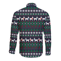 Cute Reindeer in Santa Hat Long Sleeve Button Shirt with Red Green Snowflake Knit Pattern Design - Wonder Print Shop