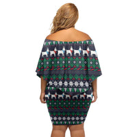 Cute Reindeer in Santa Hat Off Shoulder Short Dress with Red Green Snowflake Knit Pattern Design - Wonder Print Shop