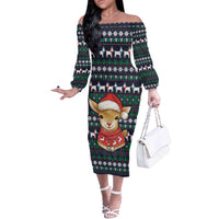 Cute Reindeer in Santa Hat Off The Shoulder Long Sleeve Dress with Red Green Snowflake Knit Pattern Design - Wonder Print Shop
