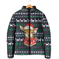 Cute Reindeer in Santa Hat Padded Jacket with Red Green Snowflake Knit Pattern Design - Wonder Print Shop