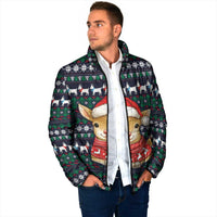 Cute Reindeer in Santa Hat Padded Jacket with Red Green Snowflake Knit Pattern Design - Wonder Print Shop