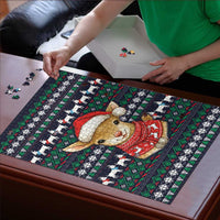 Cute Reindeer in Santa Hat Puzzle with Red Green Snowflake Knit Pattern Design - Wonder Print Shop