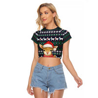 Cute Reindeer in Santa Hat Raglan Cropped T Shirt with Red Green Snowflake Knit Pattern Design - Wonder Print Shop