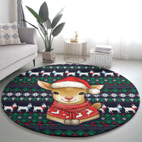 Cute Reindeer in Santa Hat Round Carpet with Red Green Snowflake Knit Pattern Design - Wonder Print Shop