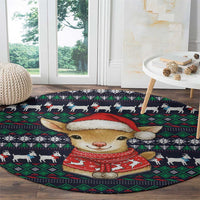 Cute Reindeer in Santa Hat Round Carpet with Red Green Snowflake Knit Pattern Design - Wonder Print Shop
