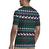 Cute Reindeer in Santa Hat Rugby Jersey with Red Green Snowflake Knit Pattern Design - Wonder Print Shop