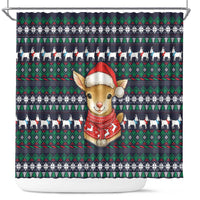 Cute Reindeer in Santa Hat Shower Curtain with Red Green Snowflake Knit Pattern Design - Wonder Print Shop