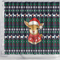 Cute Reindeer in Santa Hat Shower Curtain with Red Green Snowflake Knit Pattern Design - Wonder Print Shop