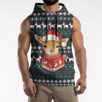 Cute Reindeer in Santa Hat Sleeveless Hoodie with Red Green Snowflake Knit Pattern Design - Wonder Print Shop