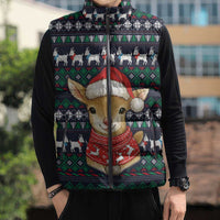 Cute Reindeer in Santa Hat Sleeveless Puffer Jacket with Red Green Snowflake Knit Pattern Design - Wonder Print Shop