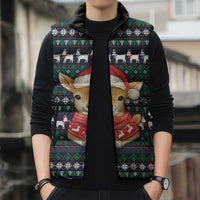 Cute Reindeer in Santa Hat Sleeveless Puffer Jacket with Red Green Snowflake Knit Pattern Design - Wonder Print Shop
