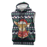 Cute Reindeer in Santa Hat Sleeveless Zip Hoodie with Red Green Snowflake Knit Pattern Design - Wonder Print Shop