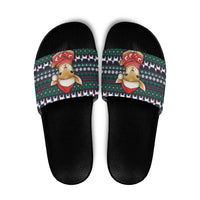 Cute Reindeer in Santa Hat Slide Sandals with Red Green Snowflake Knit Pattern Design - Wonder Print Shop
