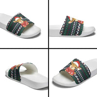 Cute Reindeer in Santa Hat Slide Sandals with Red Green Snowflake Knit Pattern Design - Wonder Print Shop