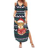 Cute Reindeer in Santa Hat Summer Maxi Dress with Red Green Snowflake Knit Pattern Design - Wonder Print Shop