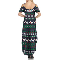 Cute Reindeer in Santa Hat Summer Maxi Dress with Red Green Snowflake Knit Pattern Design - Wonder Print Shop