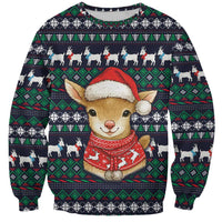 Cute Reindeer in Santa Hat Sweatshirt with Red Green Snowflake Knit Pattern Design - Wonder Print Shop