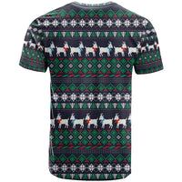 Cute Reindeer in Santa Hat T Shirt with Red Green Snowflake Knit Pattern Design - Wonder Print Shop