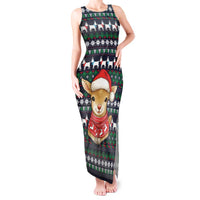 Cute Reindeer in Santa Hat Tank Maxi Dress with Red Green Snowflake Knit Pattern Design - Wonder Print Shop