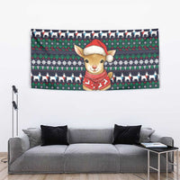 Cute Reindeer in Santa Hat Tapestry with Red Green Snowflake Knit Pattern Design - Wonder Print Shop
