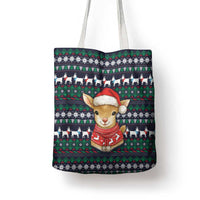 Cute Reindeer in Santa Hat Tote Bag with Red Green Snowflake Knit Pattern Design - Wonder Print Shop