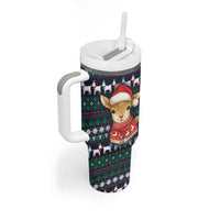 Cute Reindeer in Santa Hat Tumbler With Handle with Red Green Snowflake Knit Pattern Design - Wonder Print Shop