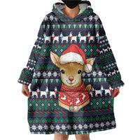 Cute Reindeer in Santa Hat Wearable Blanket Hoodie with Red Green Snowflake Knit Pattern Design - Wonder Print Shop