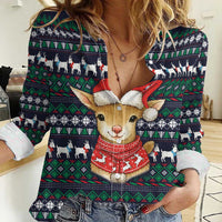 Cute Reindeer in Santa Hat Women Casual Shirt with Red Green Snowflake Knit Pattern Design - Wonder Print Shop
