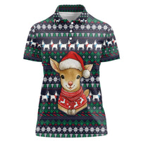 Cute Reindeer in Santa Hat Women Polo Shirt with Red Green Snowflake Knit Pattern Design - Wonder Print Shop
