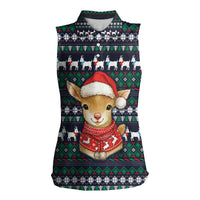 Cute Reindeer in Santa Hat Women Sleeveless Polo Shirt with Red Green Snowflake Knit Pattern Design - Wonder Print Shop
