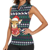 Cute Reindeer in Santa Hat Women Sleeveless Polo Shirt with Red Green Snowflake Knit Pattern Design - Wonder Print Shop