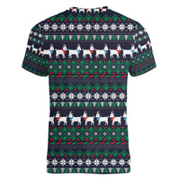 Cute Reindeer in Santa Hat Women V-Neck T-Shirt with Red Green Snowflake Knit Pattern Design - Wonder Print Shop