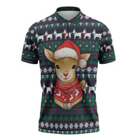 Cute Reindeer in Santa Hat Zipper Polo Shirt with Red Green Snowflake Knit Pattern Design - Wonder Print Shop