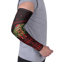 Wreath and Santa Dog in Red Arm Sleeves with Black Holiday Pattern Design - Wonder Print Shop