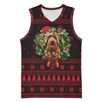 Wreath and Santa Dog in Red Basketball Jersey with Black Holiday Pattern Design - Wonder Print Shop