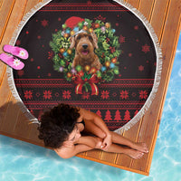 Wreath and Santa Dog in Red Beach Blanket with Black Holiday Pattern Design - Wonder Print Shop