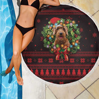 Wreath and Santa Dog in Red Beach Blanket with Black Holiday Pattern Design - Wonder Print Shop