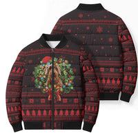Wreath and Santa Dog in Red Bomber Puffer Jacket with Black Holiday Pattern Design - Wonder Print Shop
