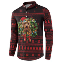 Wreath and Santa Dog in Red Button Sweatshirt with Black Holiday Pattern Design - Wonder Print Shop
