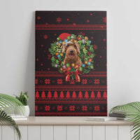 Wreath and Santa Dog in Red Canvas Wall Art with Black Holiday Pattern Design - Wonder Print Shop