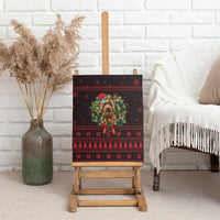 Wreath and Santa Dog in Red Canvas Wall Art with Black Holiday Pattern Design - Wonder Print Shop